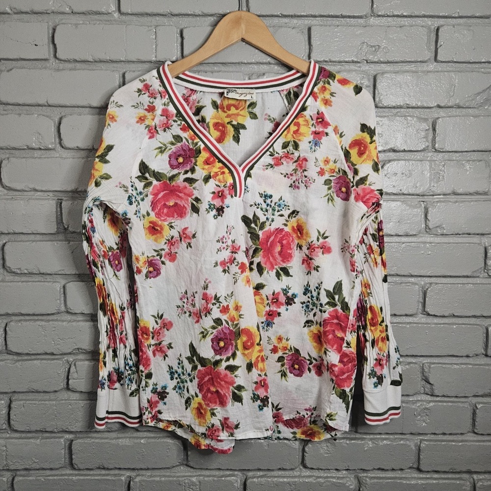 Magazine Womens Shirt Large Floral Striped Trim